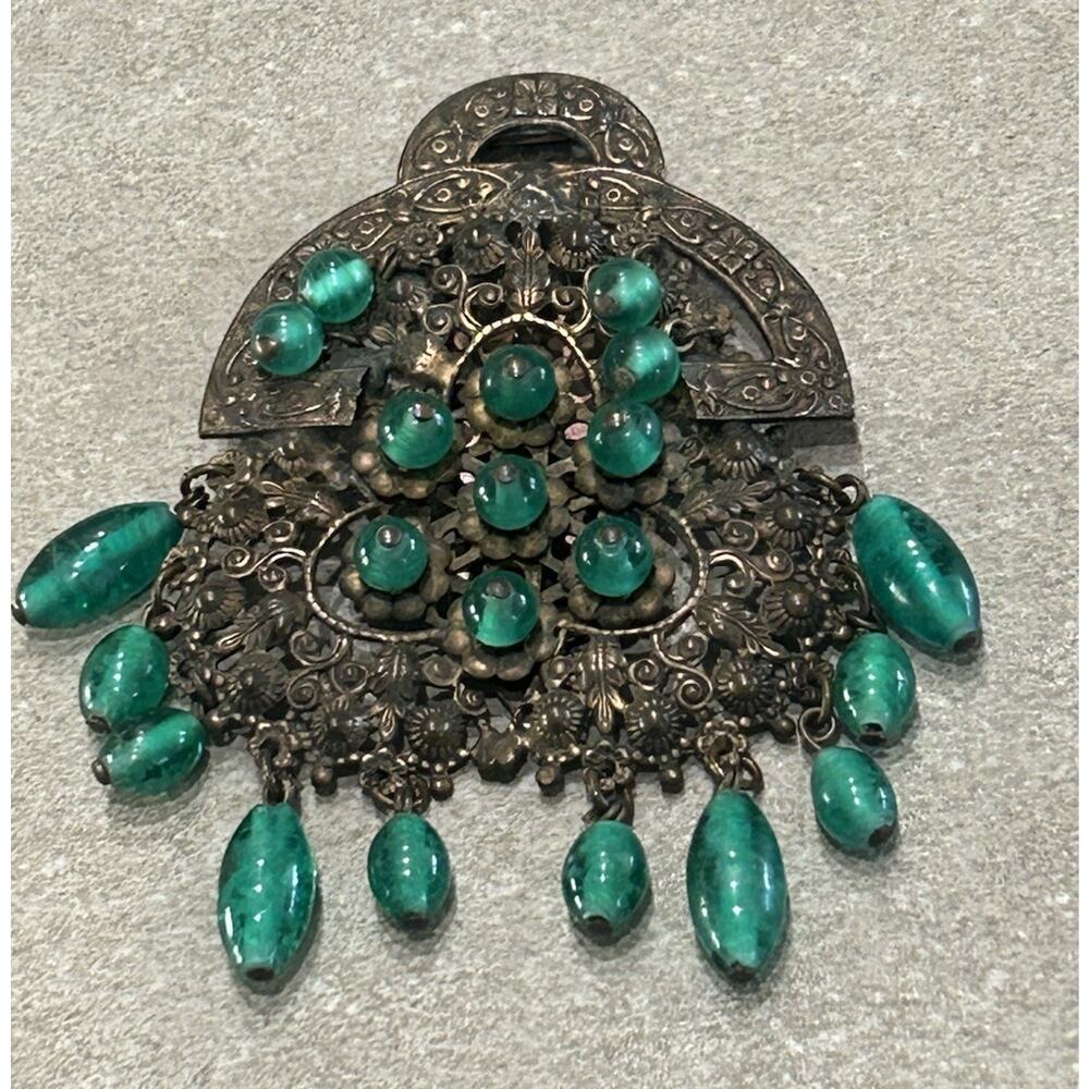 Vintage Afghan Turkmen Tribal Pendant Brooch Green Glass Dangles 3”